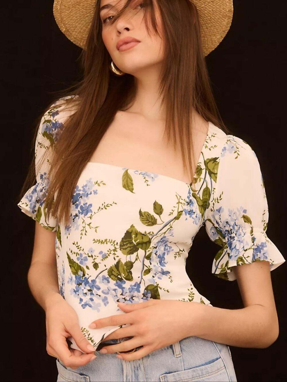 Reformation Constance Top Short Sleeve Blouse Ivory Floral Women's 6 Festival